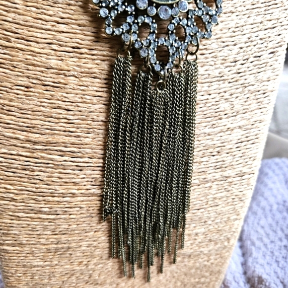 Vintage Cutout Rhinestone Heart With Chain Fringe Necklace - Picture 2 of 6